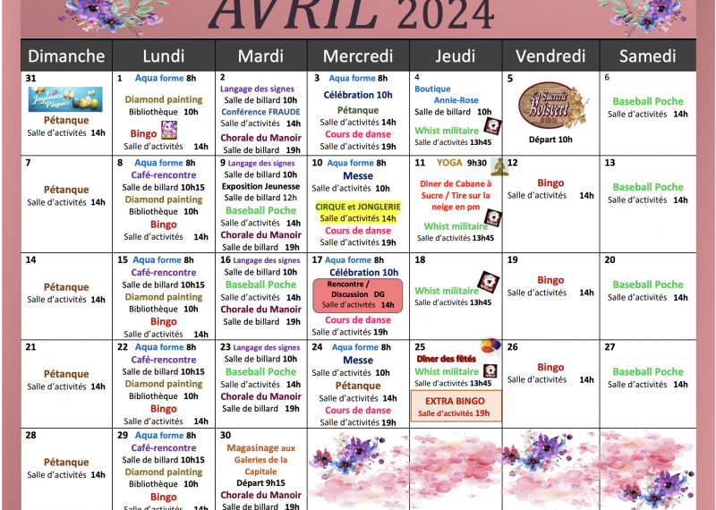 Activités mois de mai - Manoir Côte Richelieu